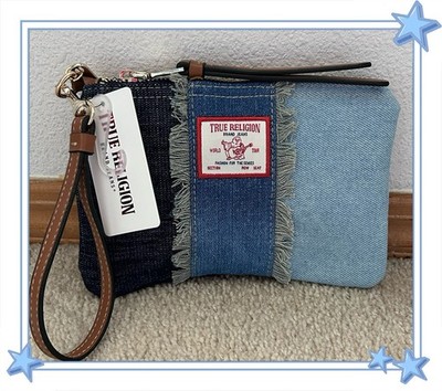 NWT True Religion Frayed Panel Denim Wristlet Pouch Denim Blue OS