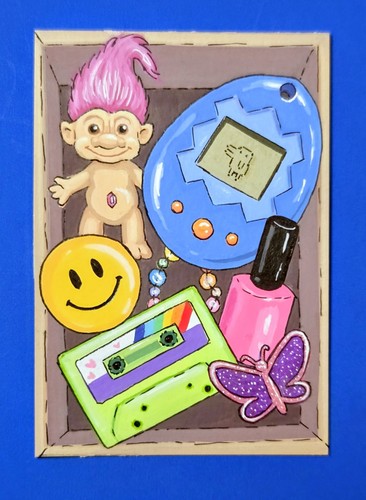 ACEO Original Painting, 90s Toy Nostalgia Troll, 2.5x3.5, Art By BlueOrchidsCo