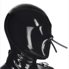 Black Latex Hood Mask with 2 Breathing Tube Rubber Mask Fetish Clubwear