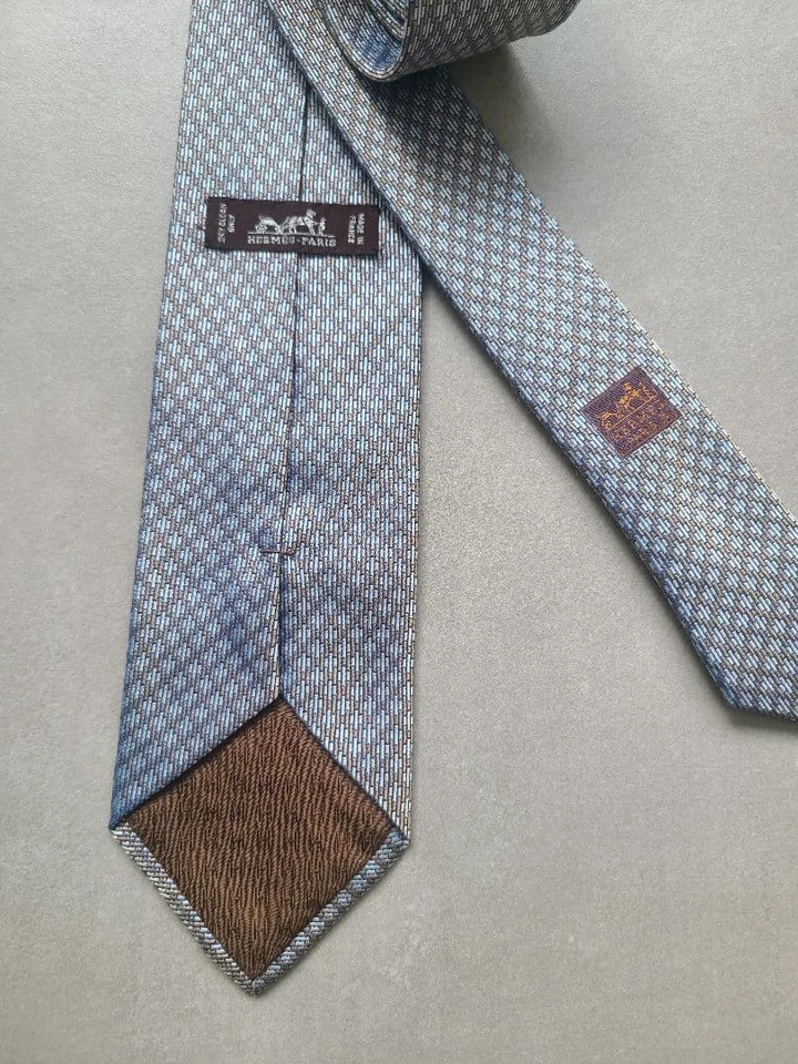 New Unused HERMES Neck Tie Light Blue Brown Check 100%Silk Made in France - Image 2 of 4