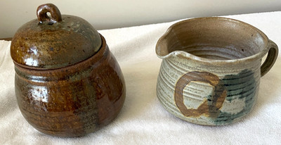 2 Unique Handmade Art Pottery Items Multicolor Glaze In Warm Hues By Dina