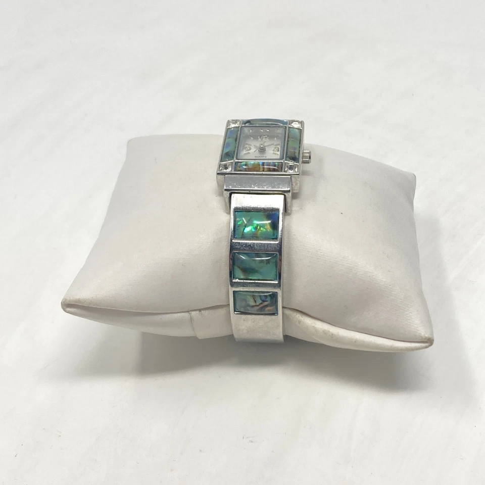 Reloj Abulone Tank Mujer 21mm Tono Plateado Incrustación Cristal Brillante Batería Nueva 6.5" Foto 4 de 4