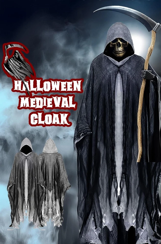 Halloween Capucha Parca Disfraz Capa Bruja Vampiro Mago Capa - Negro Foto 2 de 4