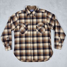 Vintage Pendleton Men Large Brown Plaid Wool Flannel Board Button Shirt USA Made