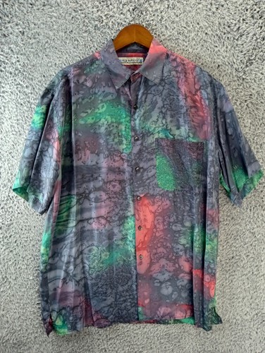 Vintage Huk A Poo Shirt Mens L Abstract 100% Silk Button Up Watercolors Colorful