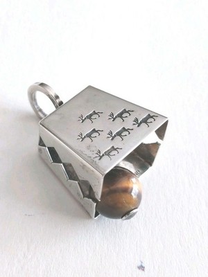 Vtg Elis Kauppi, Kupittaan Kulta Silver/Tiger Eye Reindeer Bell Pendant Necklace