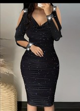 Studded Cold Shoulder Bodycon Knee Length Dress Black Silver Cowl Neck Ruched L