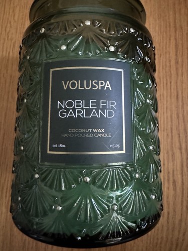 Voluspa Noble Fir Garland Coconut Wax 18oz Green Embossed Glass Jar ( 1/2 Used )