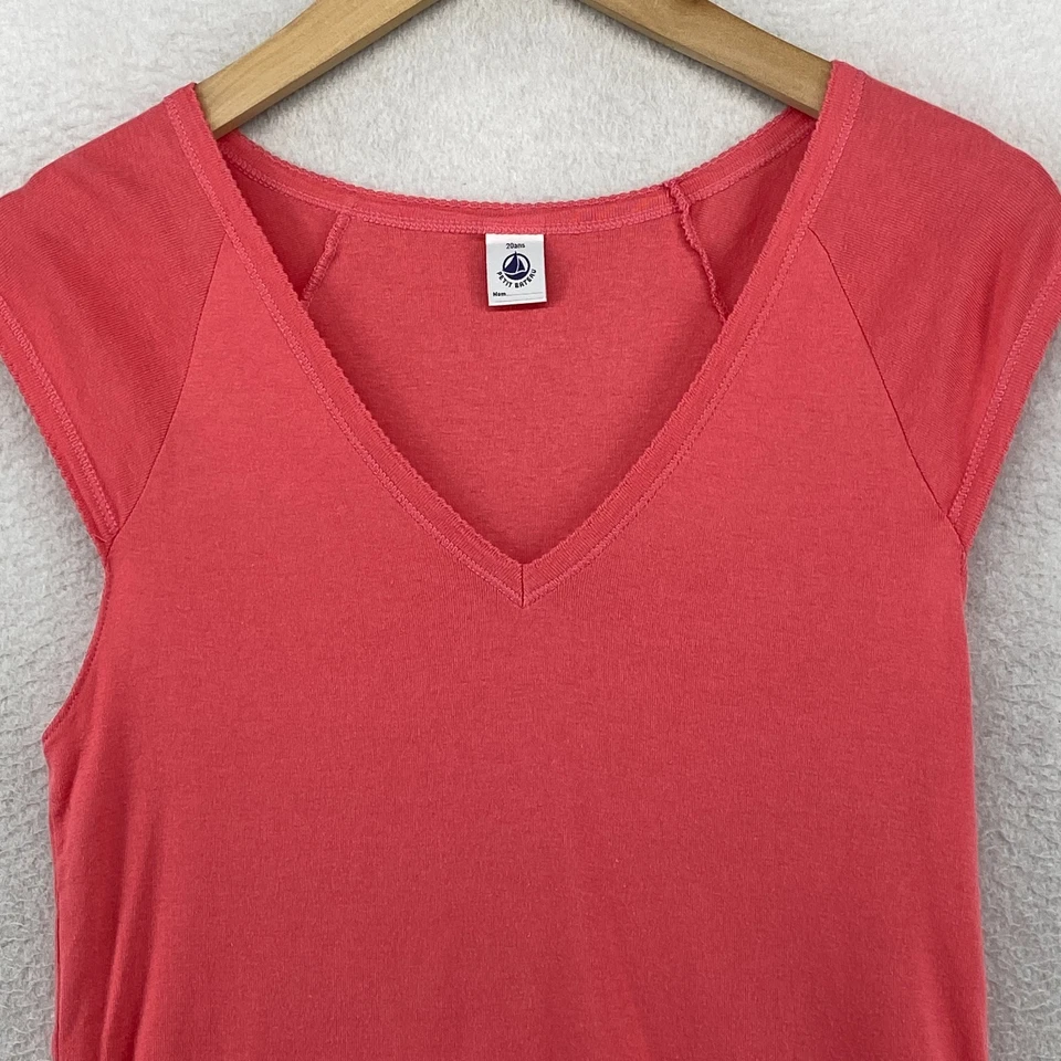 PETIT BATEAU Top Womens 20ans L Interlock Jersey V-Neck Cap Sleeve Cotton Pink - Image 3 of 4