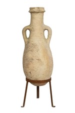 Vecchia anfora giara con manici in terracotta e base portavasi in ferro arredo