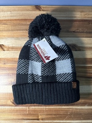 Great Northern Black Gray Buffalo Plaid Pom Beanie Hat One Size