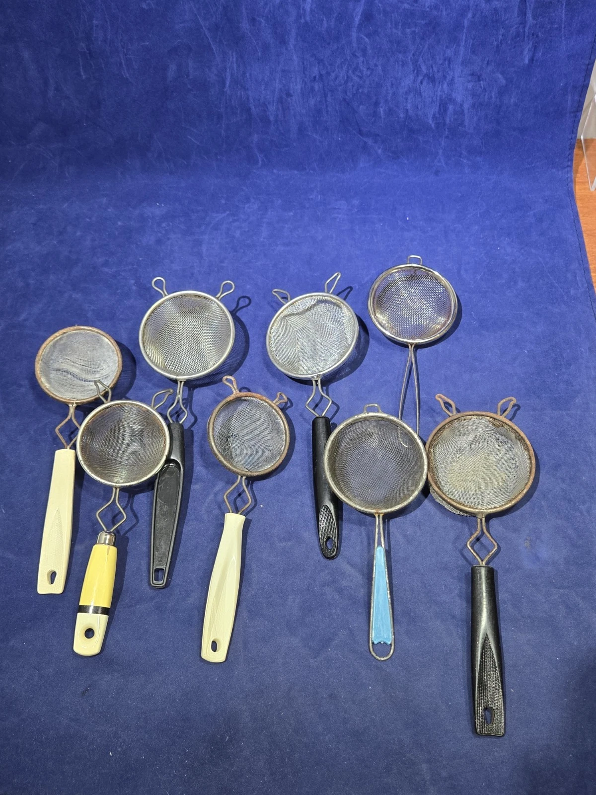 8 Vintage Hand Held Wire Mesh Strainers, Bakelite Handles, Very Old, All Diff.
