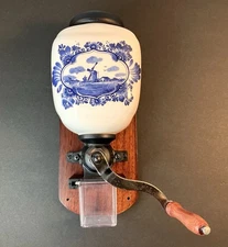 Vintage Dutch BLUE DELFT Wall Mount Porcelain Coffee MiLL Hand GRINDER Windmill