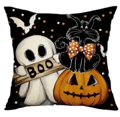 Black Cat Pumpkin Ghost Fun Halloween Throw Pillow Cover Holiday Home Decor