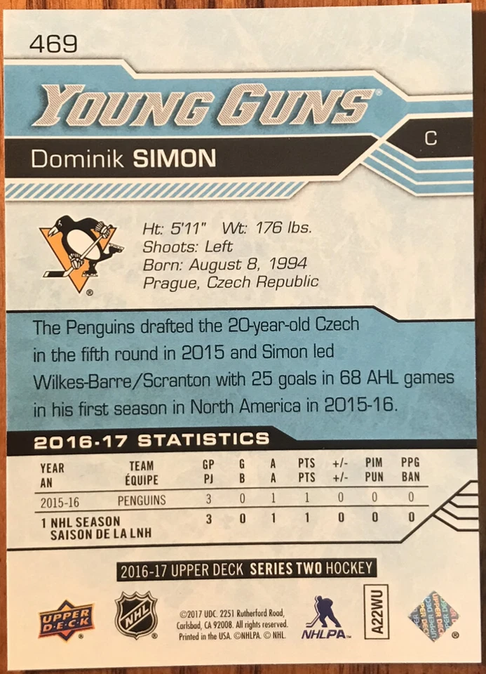 2016-17 Upper Deck Young Guns Rookie Dominik Simon #469 Pittsburgh Penguins - Image 2 of 2