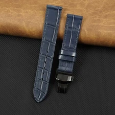 21mm Blue Leather Watch Band Flat Crocodile Watch Strap Black Deployment Buckle