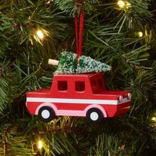 Wood Car with Tree Christmas Tree Ornament Red