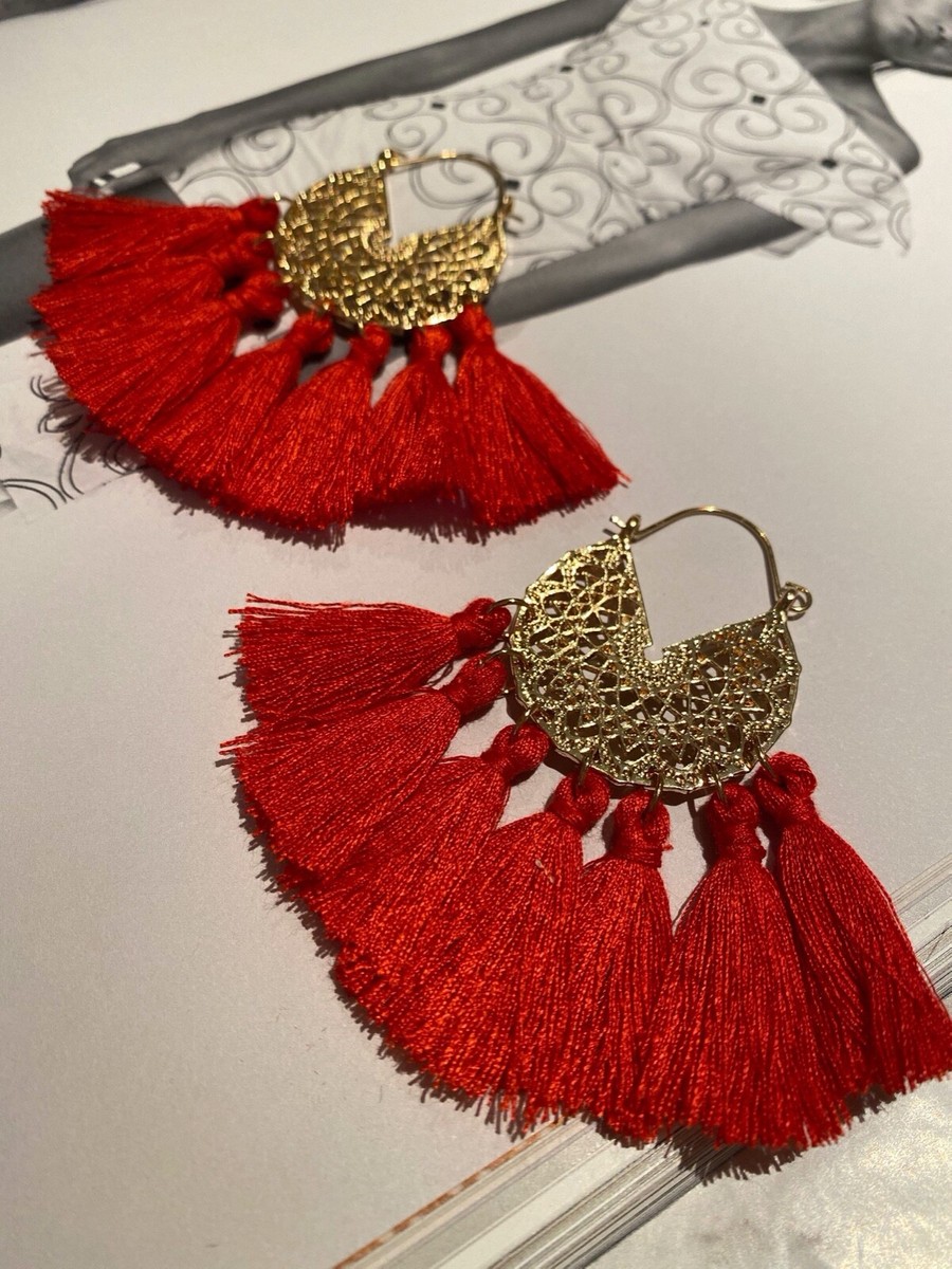 Latoir Instagram Bright Red Gold Tone Hoop Tassel Fringe Statement Earrings  BNWT