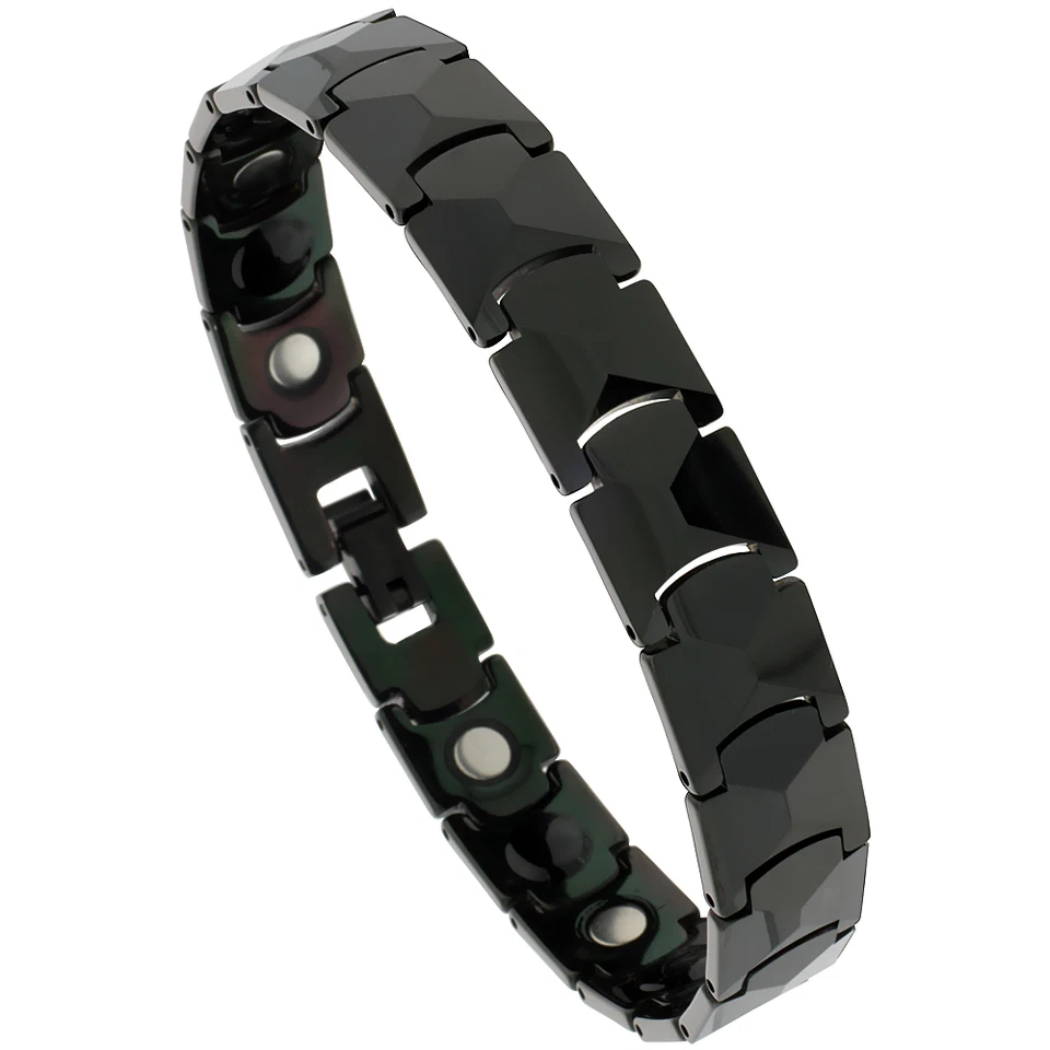 Bracelet Magnétique Noir En Tungstène Avec Liens Facettés - Photo 1/1