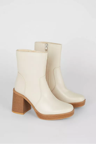 Ladies Heeled Ankle Boots Cream Zip Up Vegan Leather Womens Block Heel Size 3-8 - Picture 4 of 16