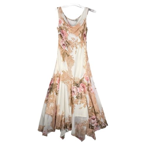 Newport News Dress Womens 6 Cream Pink Floral Flower Midi Boho Bohemian Cottage