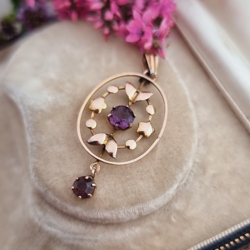 Contagocce ovale pietra edoardiana oro rosa 9 carati oro rosa viola pietra Lavalier pemdant - Foto 7 di 11