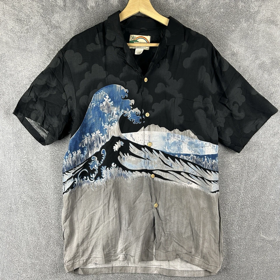 Vintage Paradise Found Hawaiian Shirt Made In USA Wave Print Lightweight Mens M