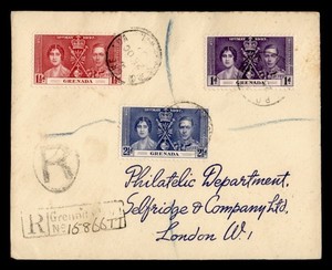DR WHO 1937 GRENADA KGVI CORONATION REGISTERED TO ENGLAND R78997