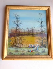 Croatian Naive Oil on Glass Painting Signed A. Karas 1989 Framed Art