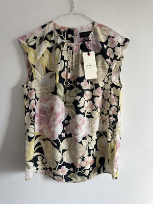 TED BAKER TOP Plissee Tank Retro Blumen Shell Cap Sleve Tank NEU Zitrone 6 12 16