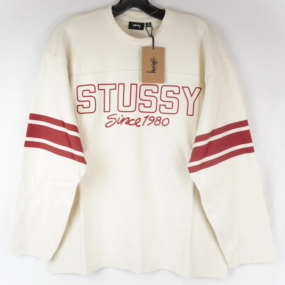 Stussy Football Crewneck Long-Sleeve Shirt In Bone And Red - Unisex Size Small