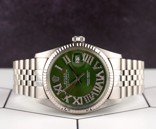 Rolex 36mm Datejust Steel Fluted Jubilee Green Roman Diamond Dial Watch 16014 - Picture 2 of 10