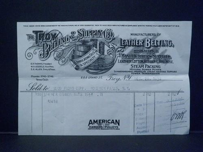 #ad 1932 TROY BELTING amp; SUPPLY Troy New York Billhead to Wood Flong Corp. $35.00