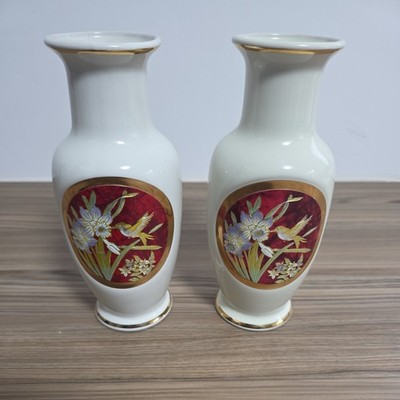 CHOKIN VASE x2 Kolibri auf rotem und goldenem Hintergrund
