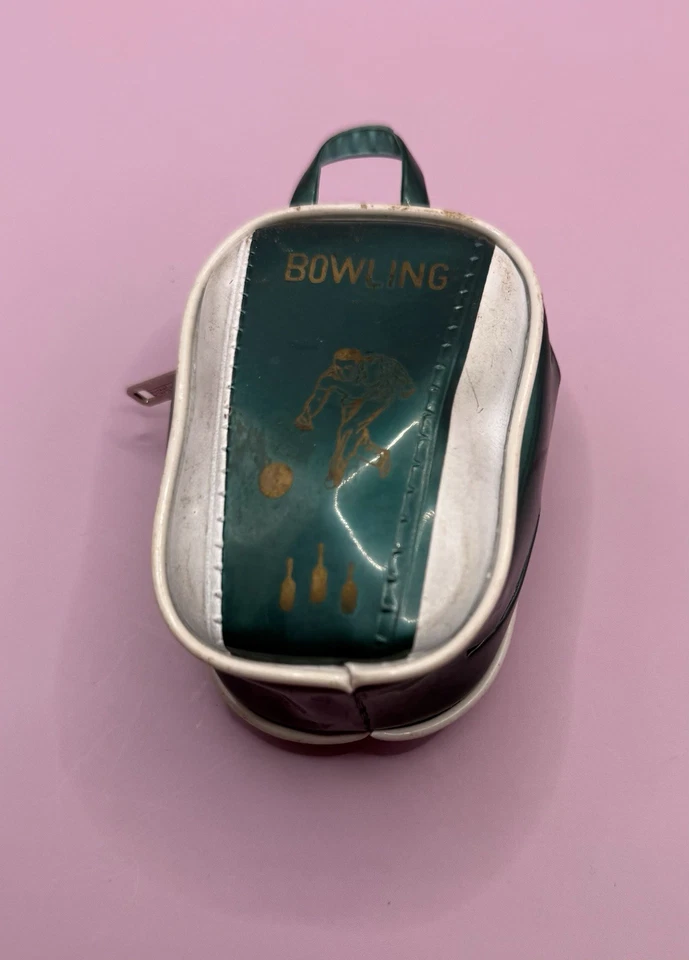 Vintage Mini Bowling Bag Small Coin Purse Vinyl Green White W/Ball - Image 2 of 4