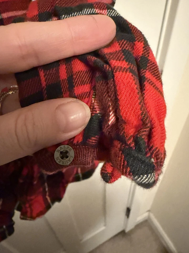 Ralph Lauren 女孩格子红色法兰绒日志袖连衣裙荷叶边假日 10 码 — 第 4/4 张图片