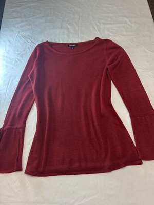 Roz & Ali Red Knit Pullover Sweater M Women Split Bell Sleeves Long Sleeve