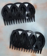 2 Vintage French Hair Combs Black MOP Inlay Geometric Circle Pattern MCM 1960's