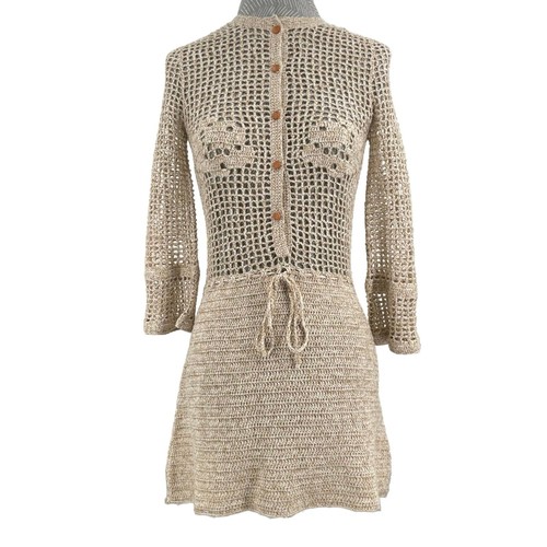 Stoned Immaculate Birkin Crochet Mini Dress Cream Tan Gold Beach Resort Size M