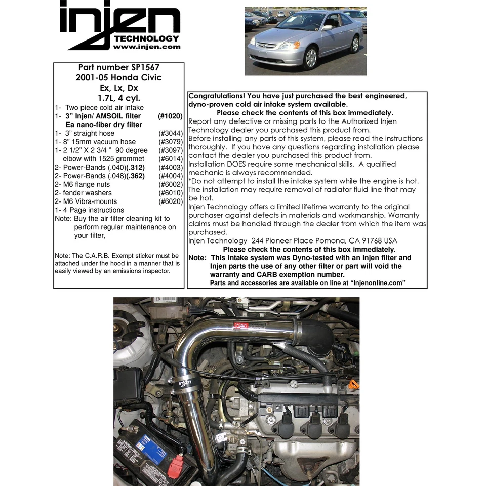 Entrada de aire frío de aluminio Injen SP1567BLK para Honda Civic DX EX LX 2001-2005 1,7 L Foto 4 de 4