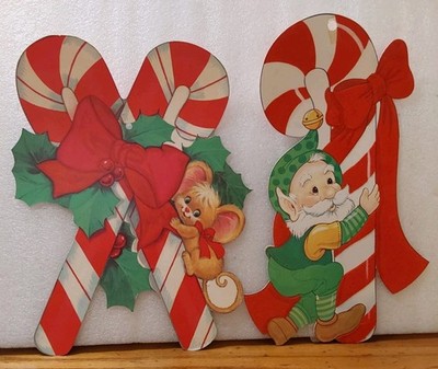Christmas Candy Canes Mouse Elf Cardboard Die Cuts Vintage Flocked