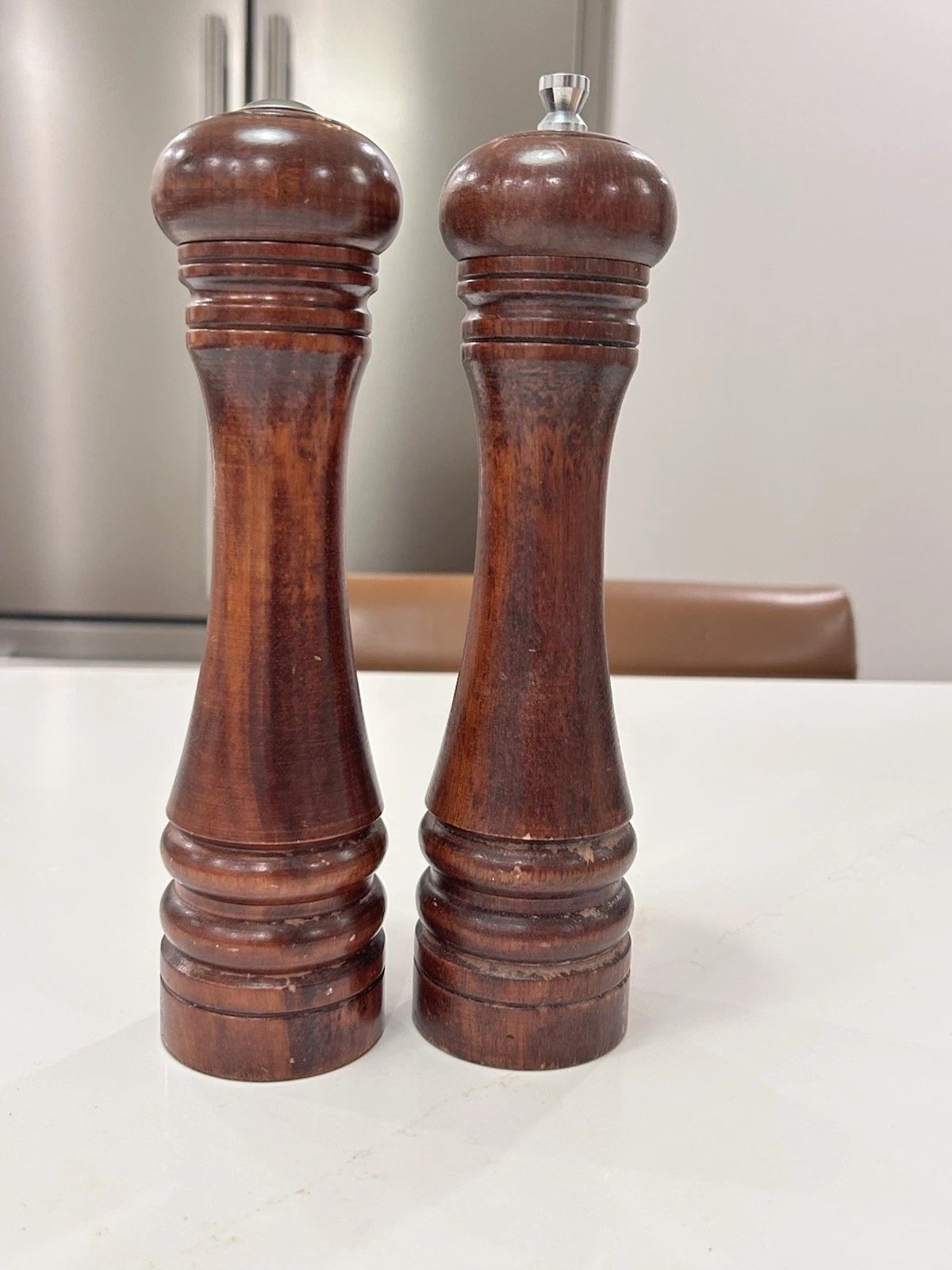 Vintage MCM - MR. DUDLEY 9.5” tall Wood Pepper Mill / Grinder & Salt Shaker Pair