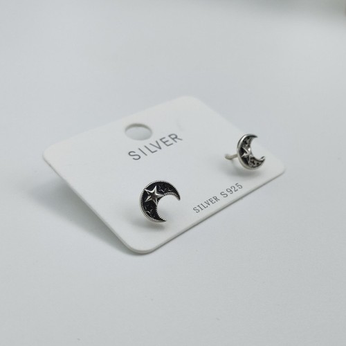 Real Solid 925 Sterling Silver Star Moon Stud Earrings - Picture 2 of 6