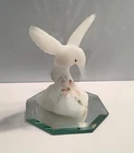 Fenton White Iridescent Satin Glass Hummingbird Pink Flower Painted by C Smith
