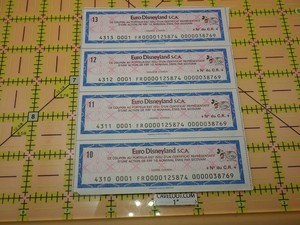 Euro Disney Stock Coupons Strip of 4 Mickey Mouse Disneyland Ephemera 1989