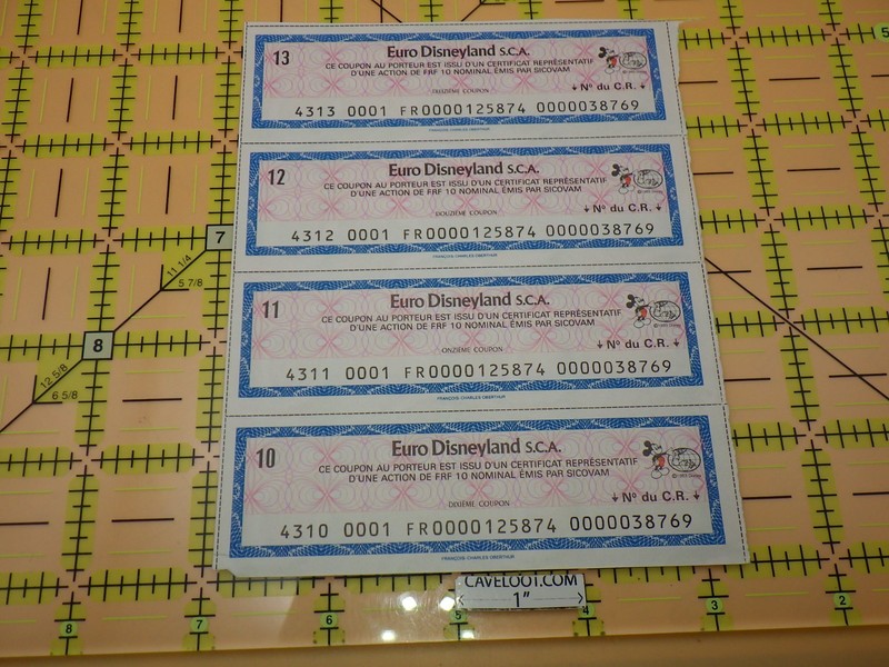Euro Disney Stock Coupons Strip of 4 Mickey Mouse Disneyland Ephemera 1989