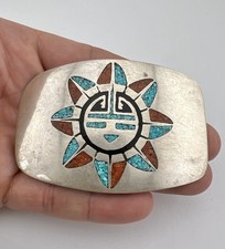 Vtg Navajo Sterling Silver Turquoise Coral Chip Inlay Sunface Belt Buckle 72.3g
