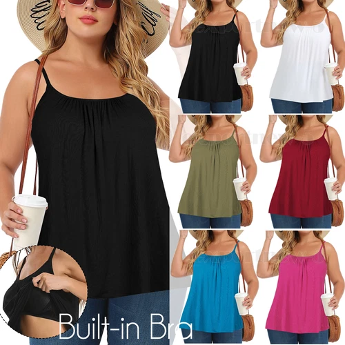 Women Flowy Pleated Camisole with Built-in Bra Loose Casual Sleeveless Tank Tops - Picture 1 of 48