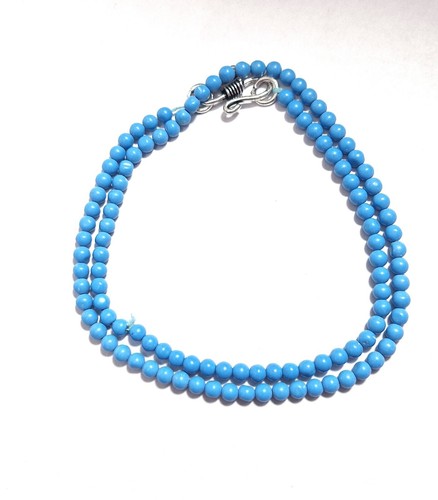 Blue Turquoise Gemstone 4 mm Smooth Beads 925 Sterling Silver String Necklace - Picture 7 of 8