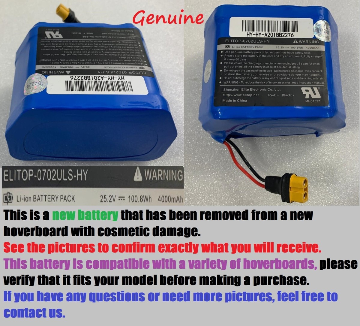 ELITOP -0702ULS-HY 25.2V Li-ion battery 4.0 Ah, 100.8 Wh